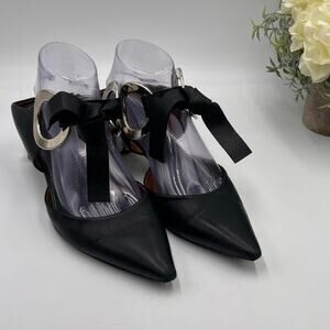 Proenza Schouler Black Leather Grommet Tie Block Mirrored Mules Heel Sz 41/10